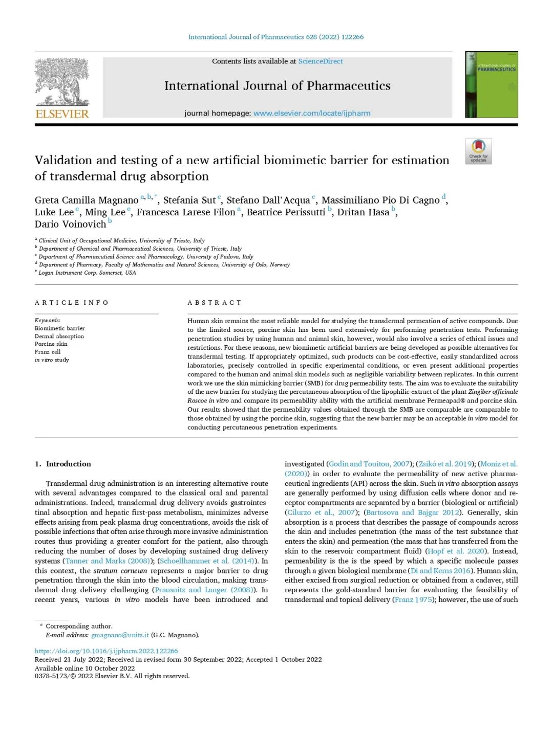 International Journal of Pharmaceutics——验证和测试用于评价透皮药物吸收的新型人工仿生膜